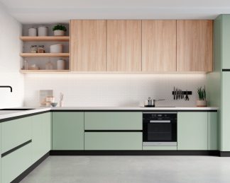 Muebles de cocina verde y madera roble
