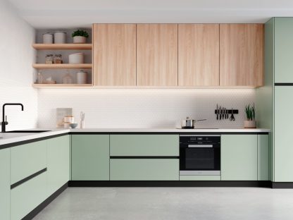 Muebles de cocina verde y madera roble